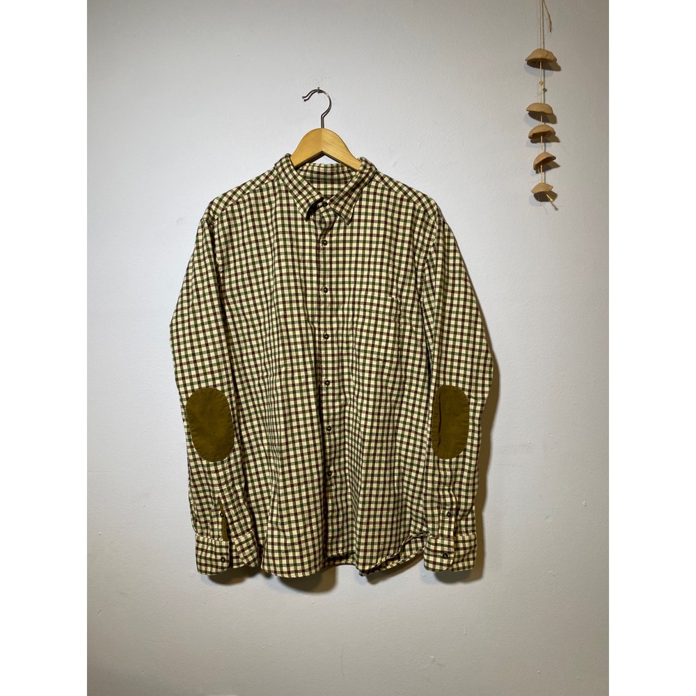 Green Brown Massimo Dutti Plaid Check Shirt Corduroy Elbow Patches (Mens L)